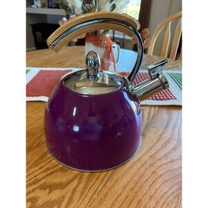 Pinky Up Whistling Tea Kettle Purple Enamel Stainless Steel Wood Grain Handle